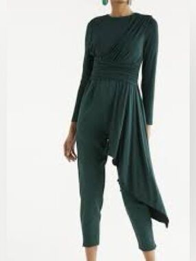 Paisie Dark Green Asymmetrical Draped Long Sleeve Jumpsuit Size 10